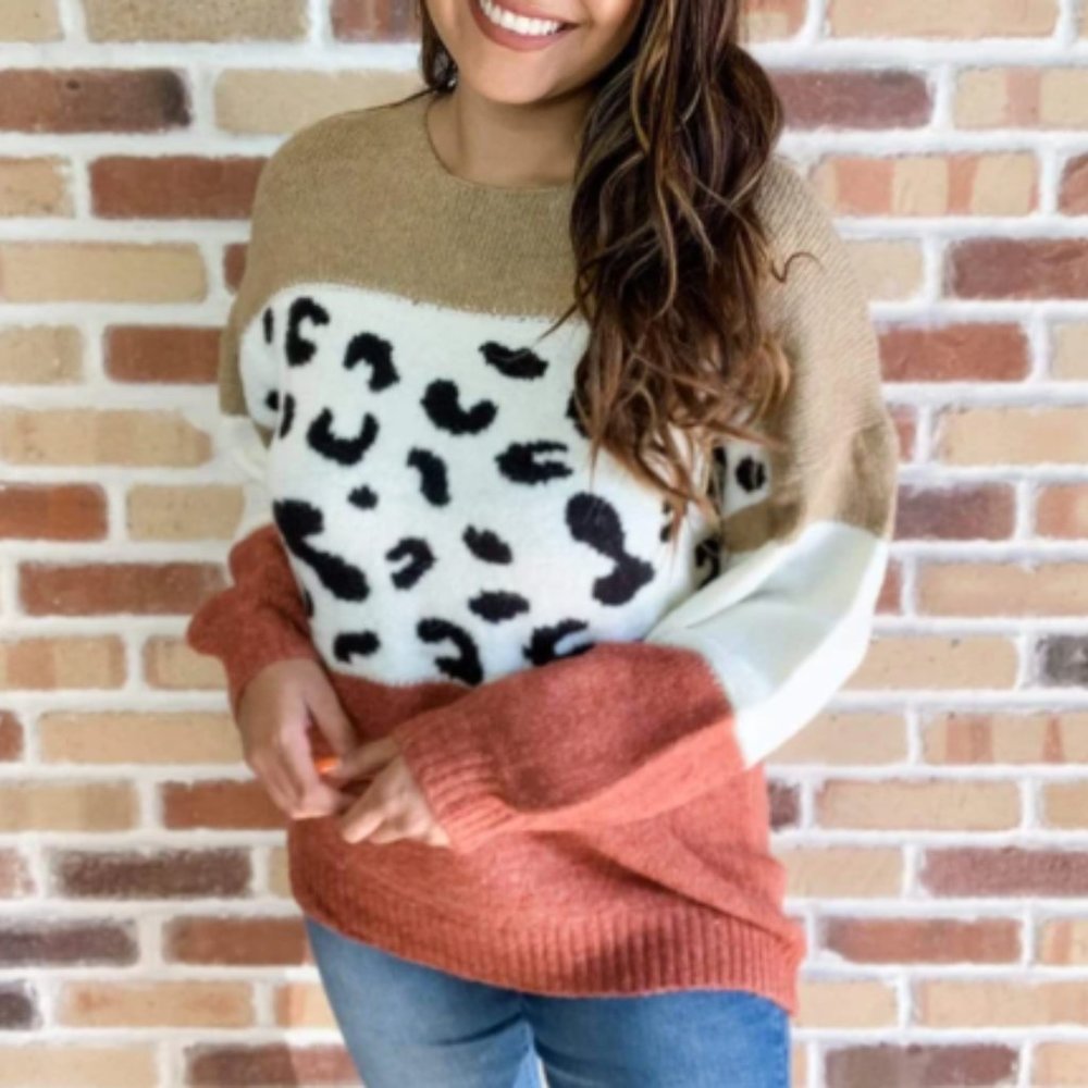 Women's Top LEOPARD COLOR BLOCK SWEATER NWT